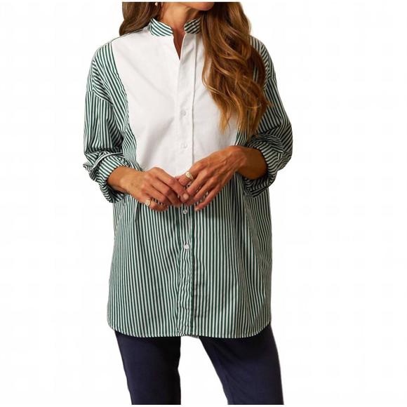NEW FRANK & EILEEN victoria italian tuxedo shirt in green stripe with white bib - Picture 1 of 3
